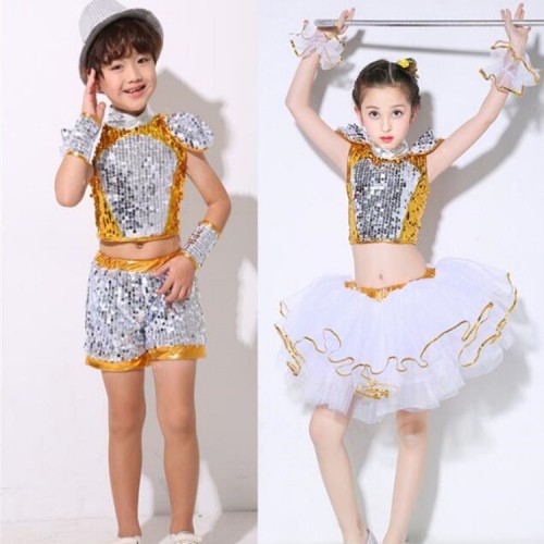Kids modern jazz dance costumes for boys girls school show  paillette gold blue singers dancers hiphop competition outfits dresses